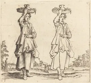 Peasant Woman with Basket on Head, Front View, by Jacques Callot, ink, 1622