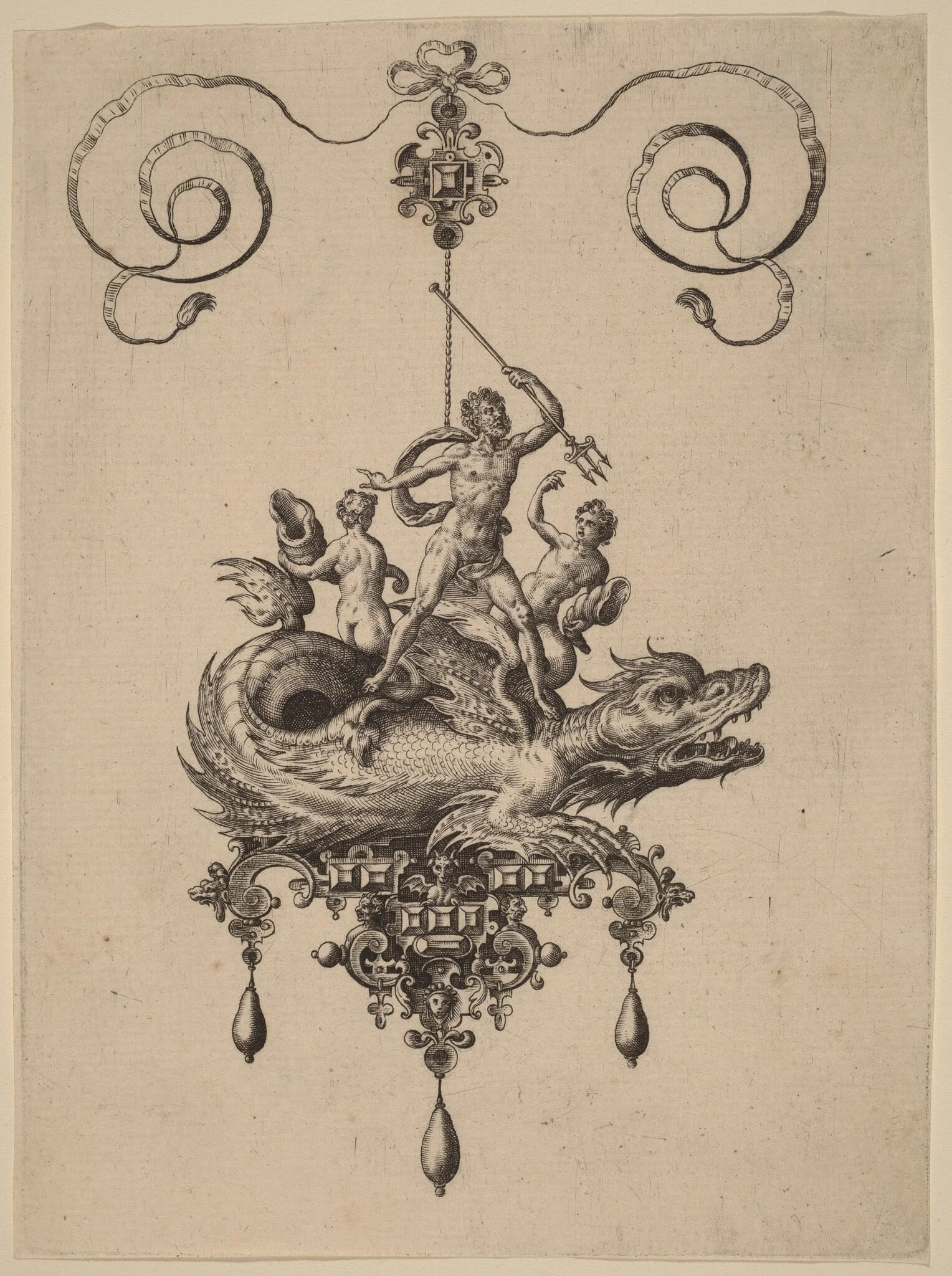 Design for a Pendant with a Sea-Monster Carrying Neptune Flanked by Two Figures, detail