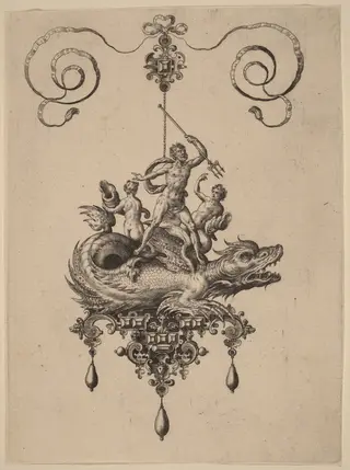 Design for a Pendant with a Sea-Monster Carrying Neptune Flanked by Two Figures, by Adriaen Collaert, ink, 1582