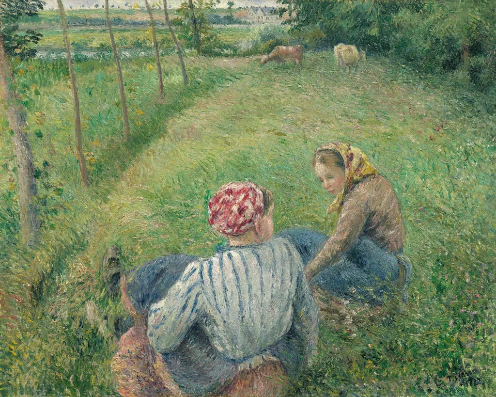 Young Peasant Girls Resting in the Fields near Pontoise, by Camille Pissarro, oil, 1882