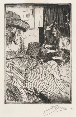 Albert Besnard and His Model, by Anders Zorn, ink, 1896