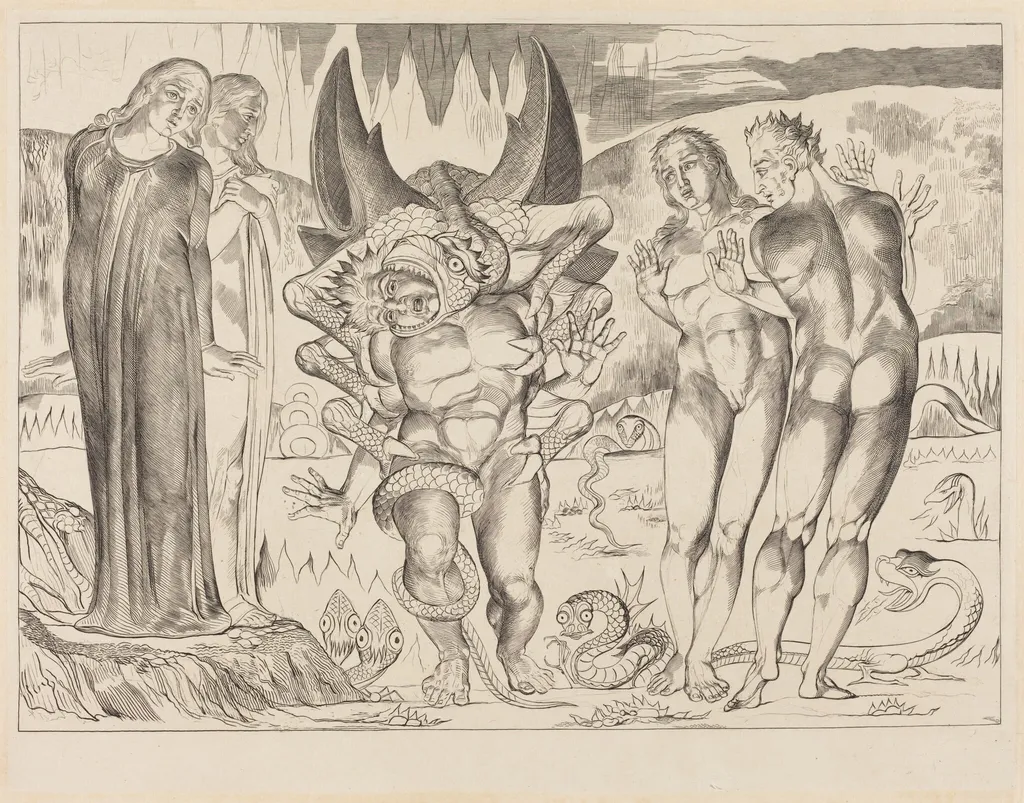 The Circle of the Thieves; Agnolo Brunelleschi Attacked by a Six-Footed Serpent, by William Blake, ink, 1827