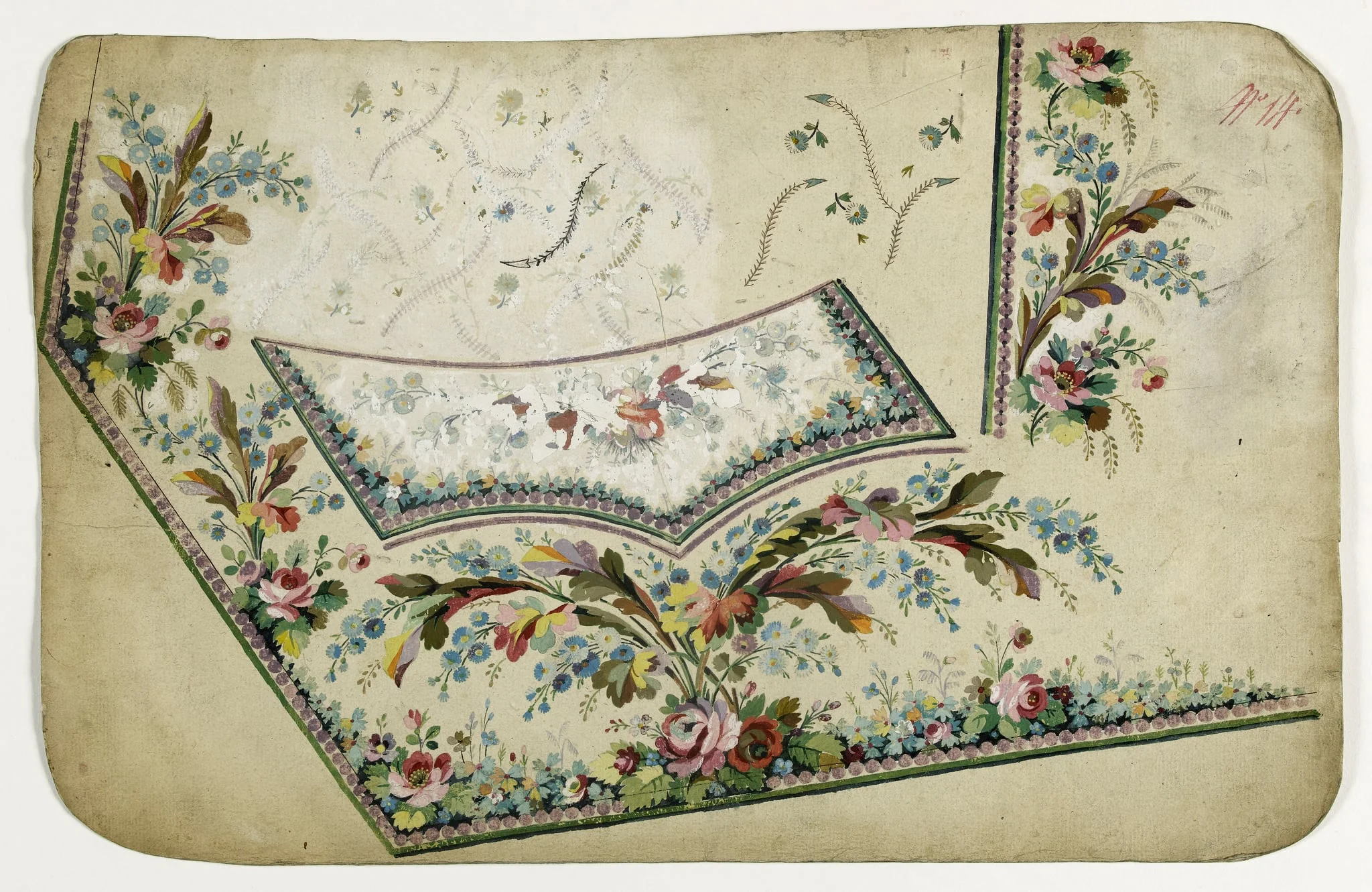 Gilet fleurs et feuilles multicolores, projets de broderies de gilet, XVIIIème siècle, detail