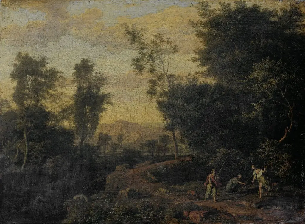 Landscape with Diana Hunting, by Abraham Genoels, oil, 1693