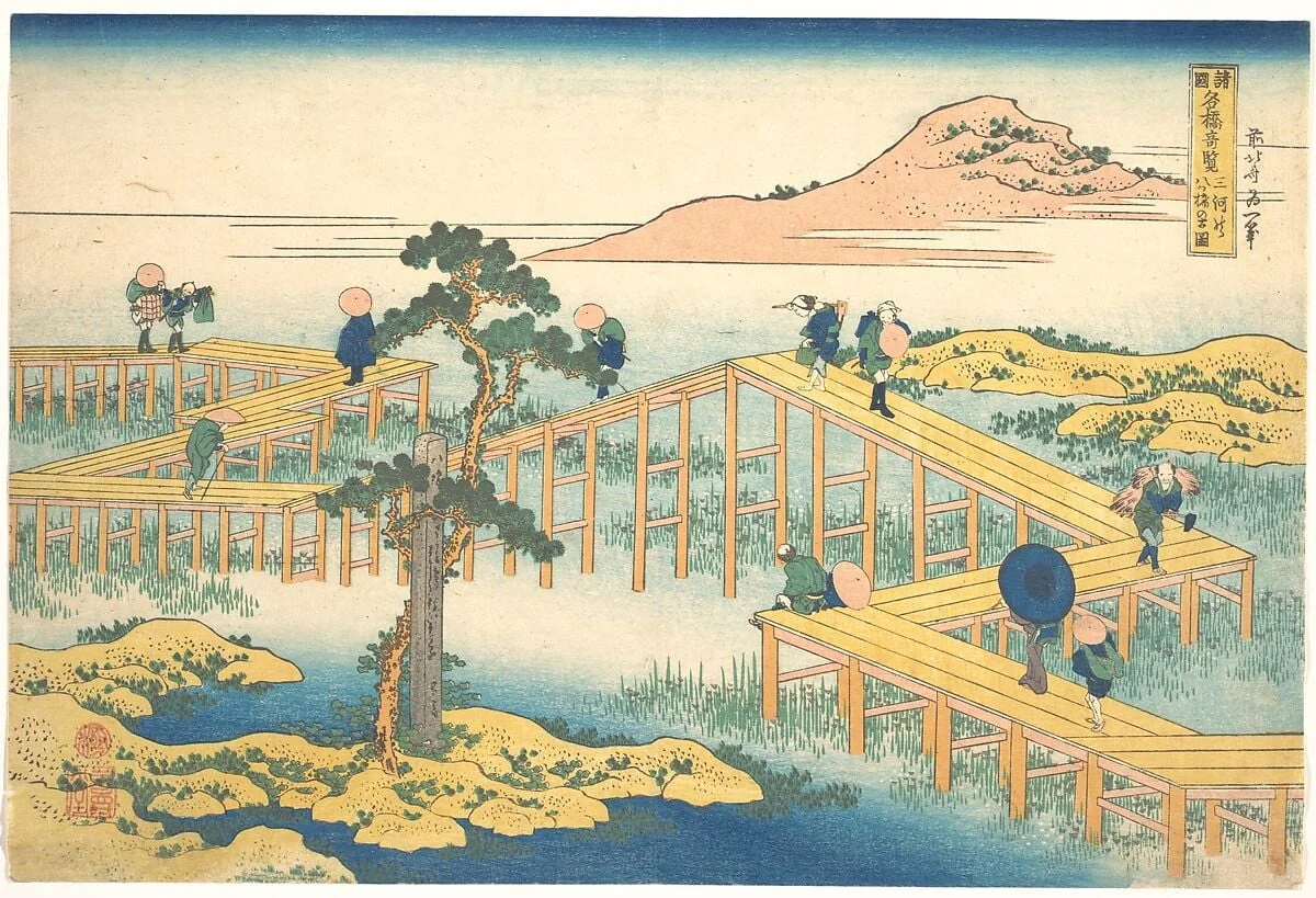 諸國名橋奇覧 三河の八ツ橋の古図|Ancient View of Yatsuhashi in Mikawa Province (Mikawa no Yatsuhashi no kozu), from the series Remarkable Views of Bridges in Various Provinces (Shokoku meikyō kiran), detail