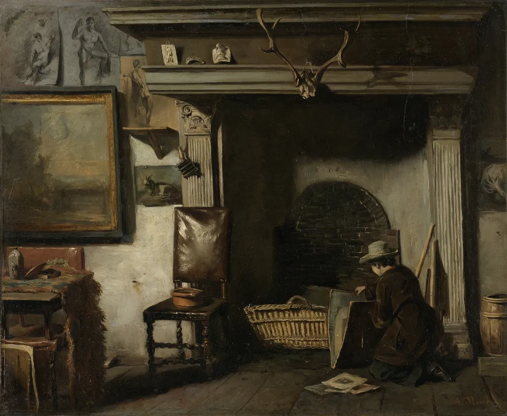 The Studio of the Haarlem Painter Pieter Frederik van Os, by Anton Mauve, oil, 1856