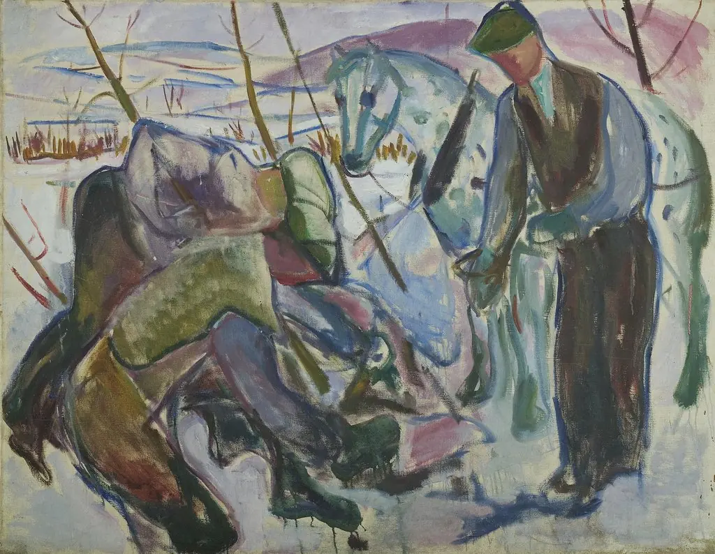 Workers and Horse, by Edvard Munch, oil, 1920