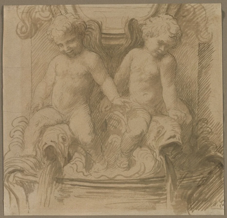 Fountain with Putti Riding Dolphins, detail