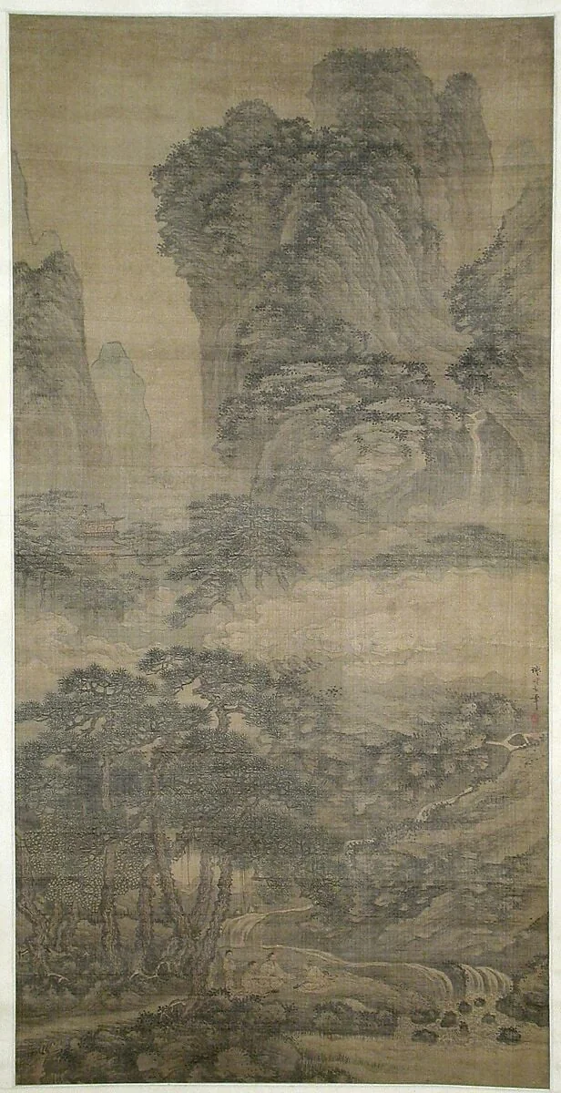 明 傳謝時臣 松溪琴客圖 軸|Listening to the Zither Among Streams and Pines, detail