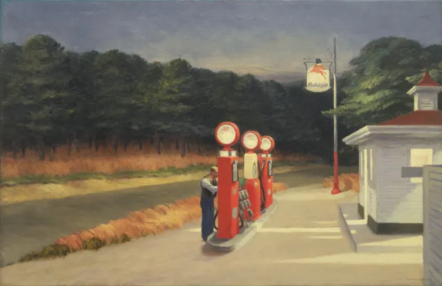 Gas by Edward Hopper. A roadside station at dusk becomes a meditation on the edge of the American interior.