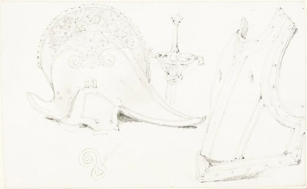 Study of a Helmet, Breastplate, and Rapier, by Joseph Nash, graphite, 1843