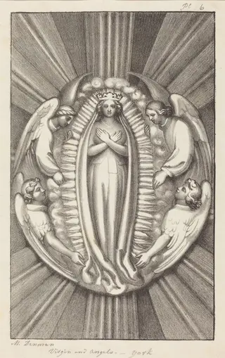 Virgin and Angels, a Key Stone in York, by Maria Denman, ink, 1829