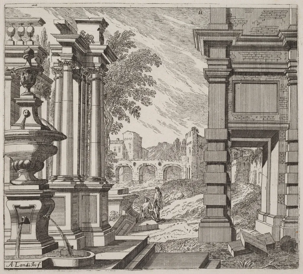 Architectural Fantasy with a Fountain, Classical Ruins, and a Bridge, by Giuseppe Antonio Landi, ink, 1753