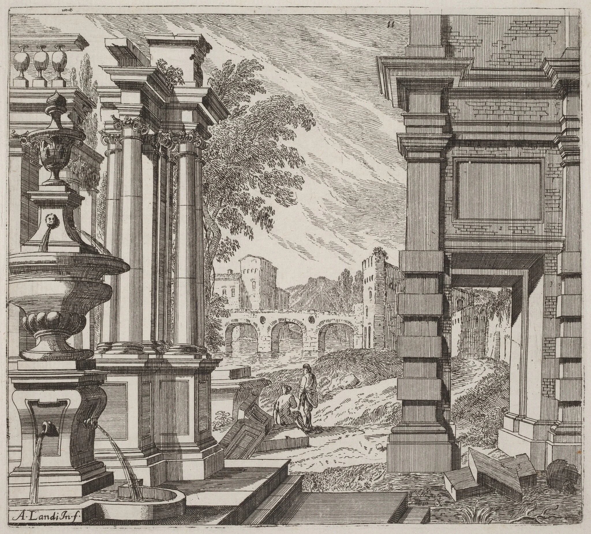 Architectural Fantasy with a Fountain, Classical Ruins, and a Bridge, detail