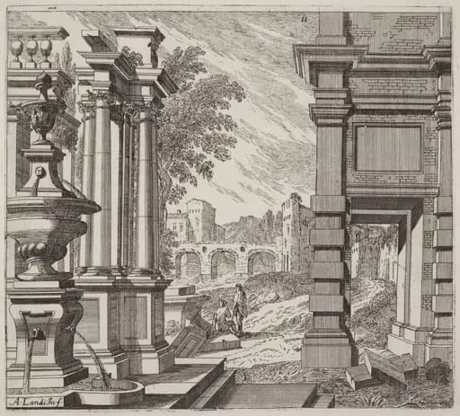 Architectural Fantasy with a Fountain, Classical Ruins, and a Bridge, by Giuseppe Antonio Landi, ink, 1753