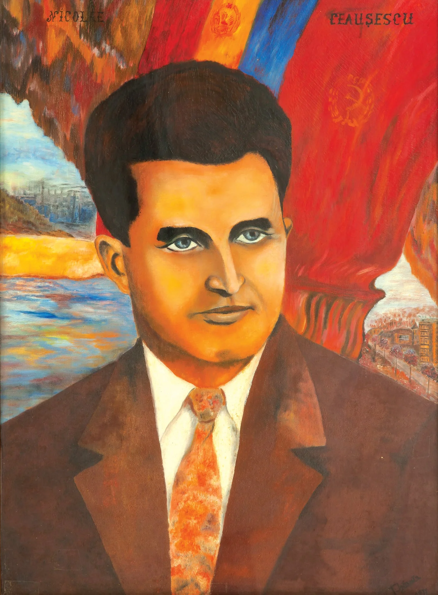 Tablou, ulei pe pânză, ”Portret Nicolae Ceaușescu”, nesemnat, atribuit lui Teodor Istrati. Portret Nicolae Ceaușescu pe fundal steagul cu stema R.S.R. și steagul cu sigla P.C.R., elemente de peisaj urban, inscripție cu majuscule în partea de sus ”NICOLAE CEAUȘESCU”. Oferit de autor lui Nicolae Ceaușescu, București, 25 iunie 1971., detail