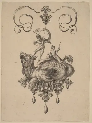 Design for a Pendant with a Sea-Monster Carrying Thetis and a Man with a Sail, by Adriaen Collaert, ink, 1582