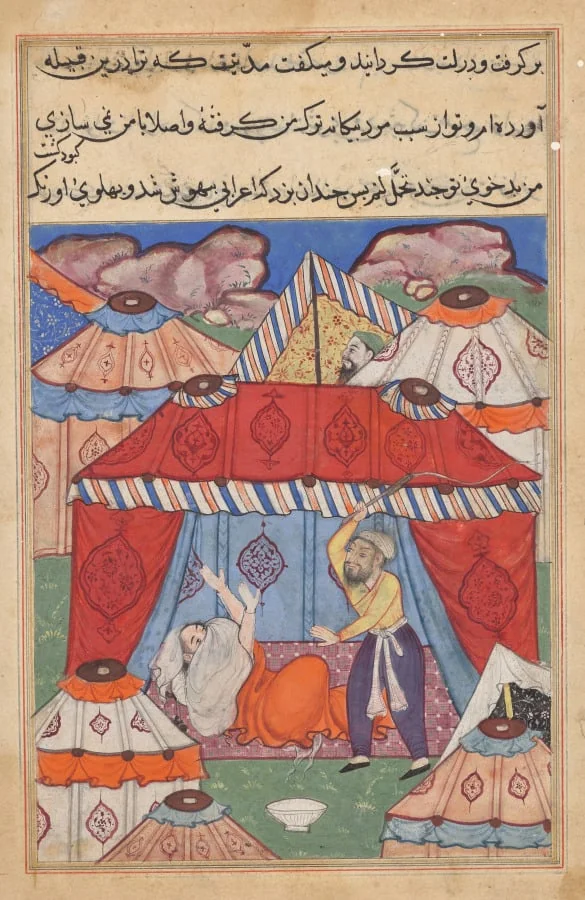 The disguised Arab, substituting for Habbaza, is whipped by her husband for refusing a bowl of milk, from a Tuti-nama (Tales of a Parrot): Twenty-fourth Night, detail