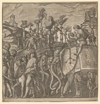 The Triumph of Julius Caesar: Elephants Carrying Torches, by Andrea Andreani, 1596