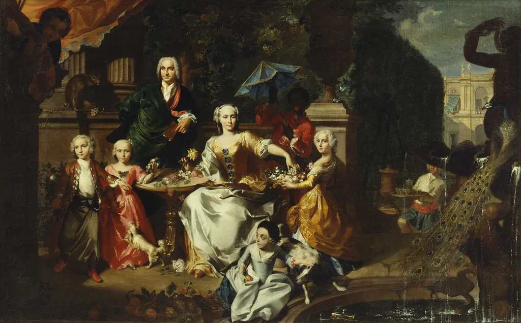 A Family Group on a Terrace in the Grounds of a Villa. Possibly the English Businessman George Jackson and his Family, by Carl Marcus Tuscher, oil, 1737