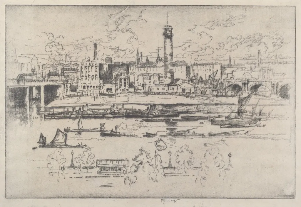 Shot Tower between the Bridges, by Joseph Pennell, ink, 1910