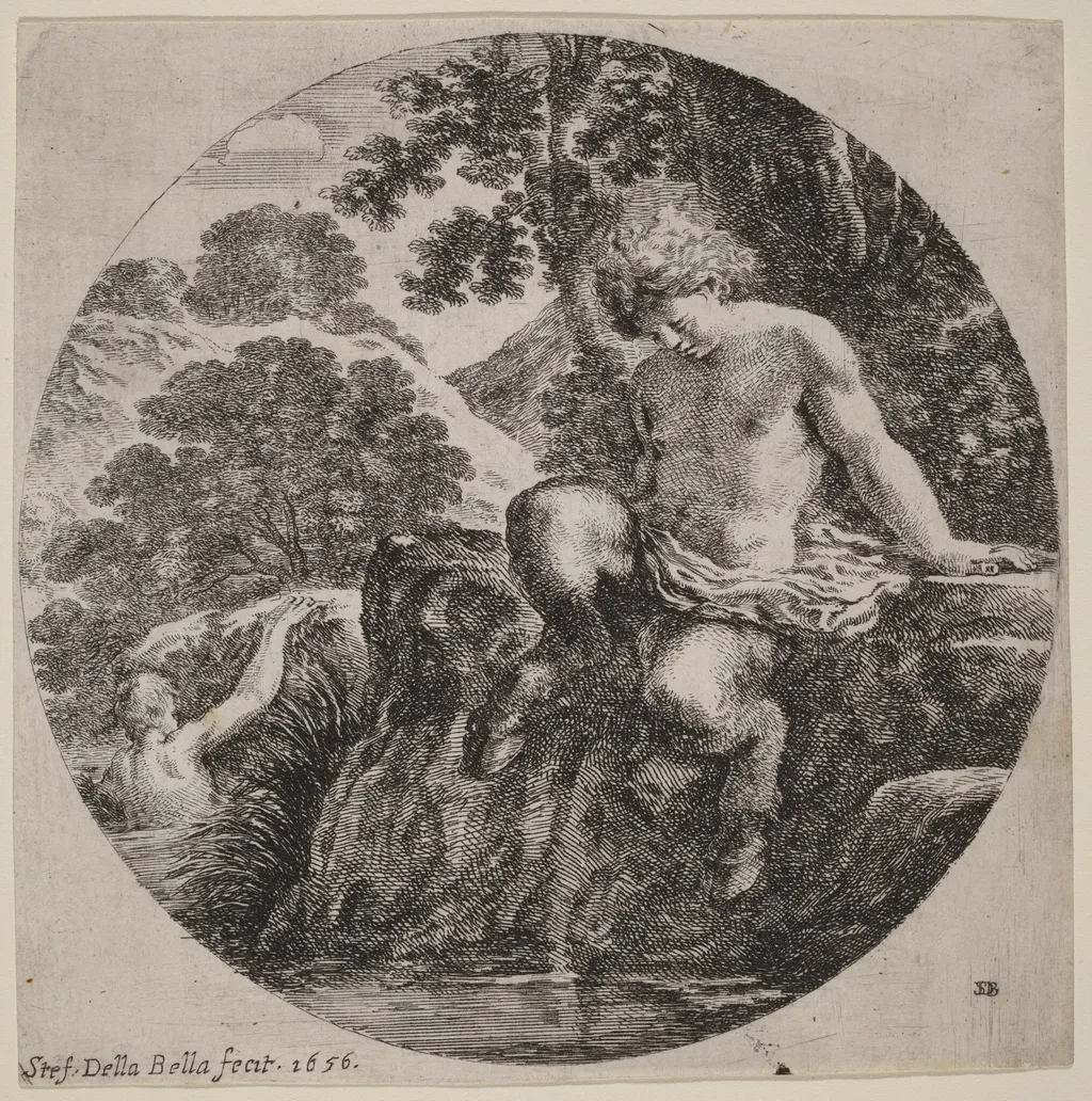 Young Satyr at the Bank of a Stream, by Stefano Della Bella, ink, 1656