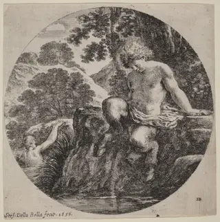 Young Satyr at the Bank of a Stream, by Stefano Della Bella, ink, 1656