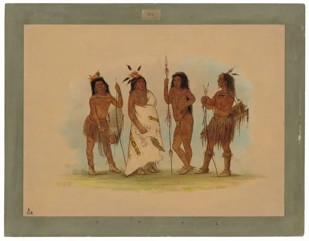 Apachee Chief and Three Warriors, by George Catlin, oil, 1862