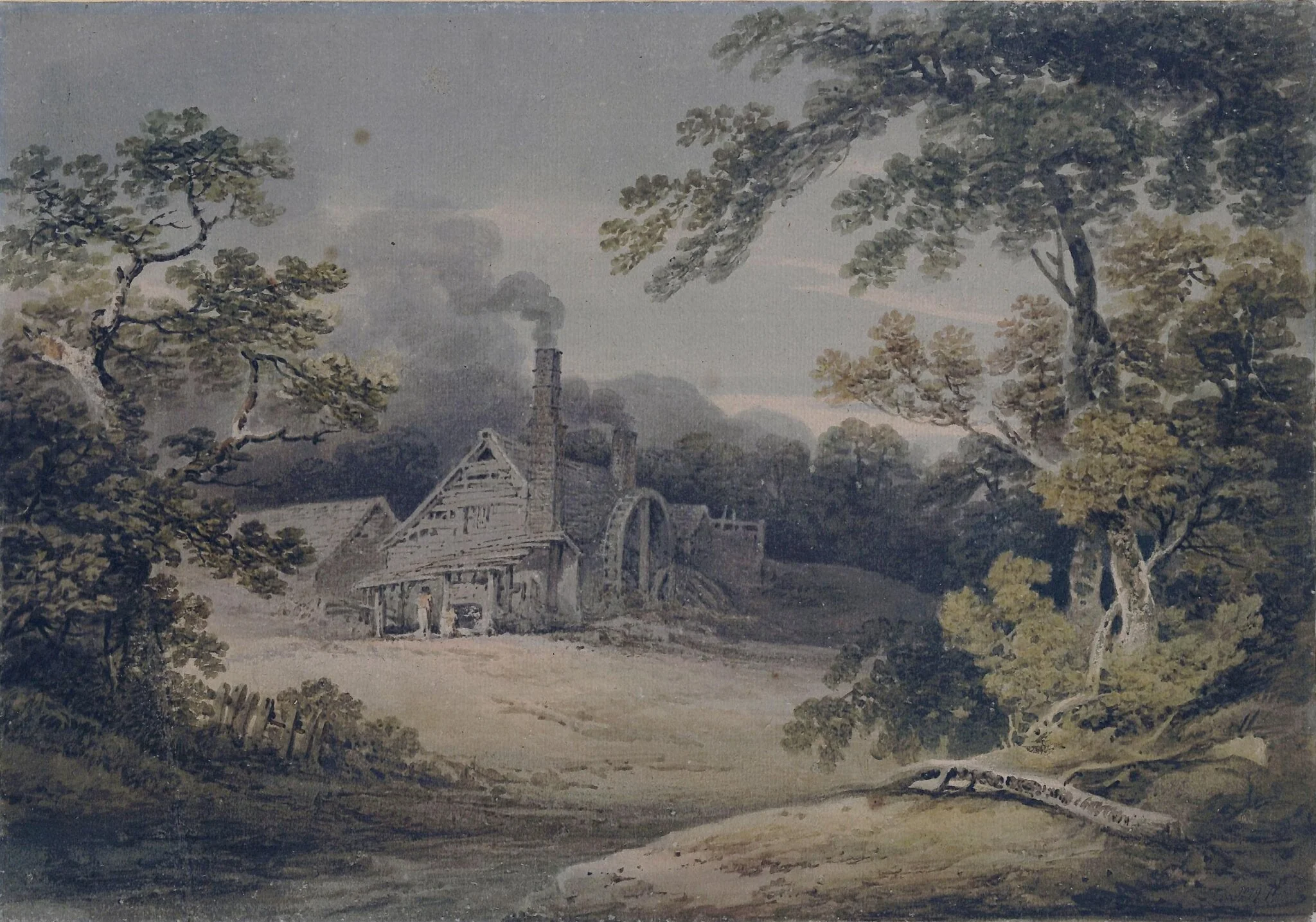 Landscape with cottage and waterwheel, detail