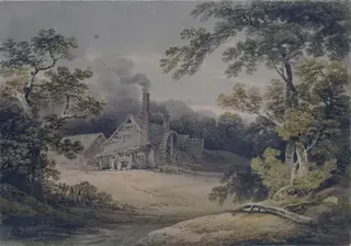Landscape with cottage and waterwheel, by Richard Sasse, watercolor, 1800