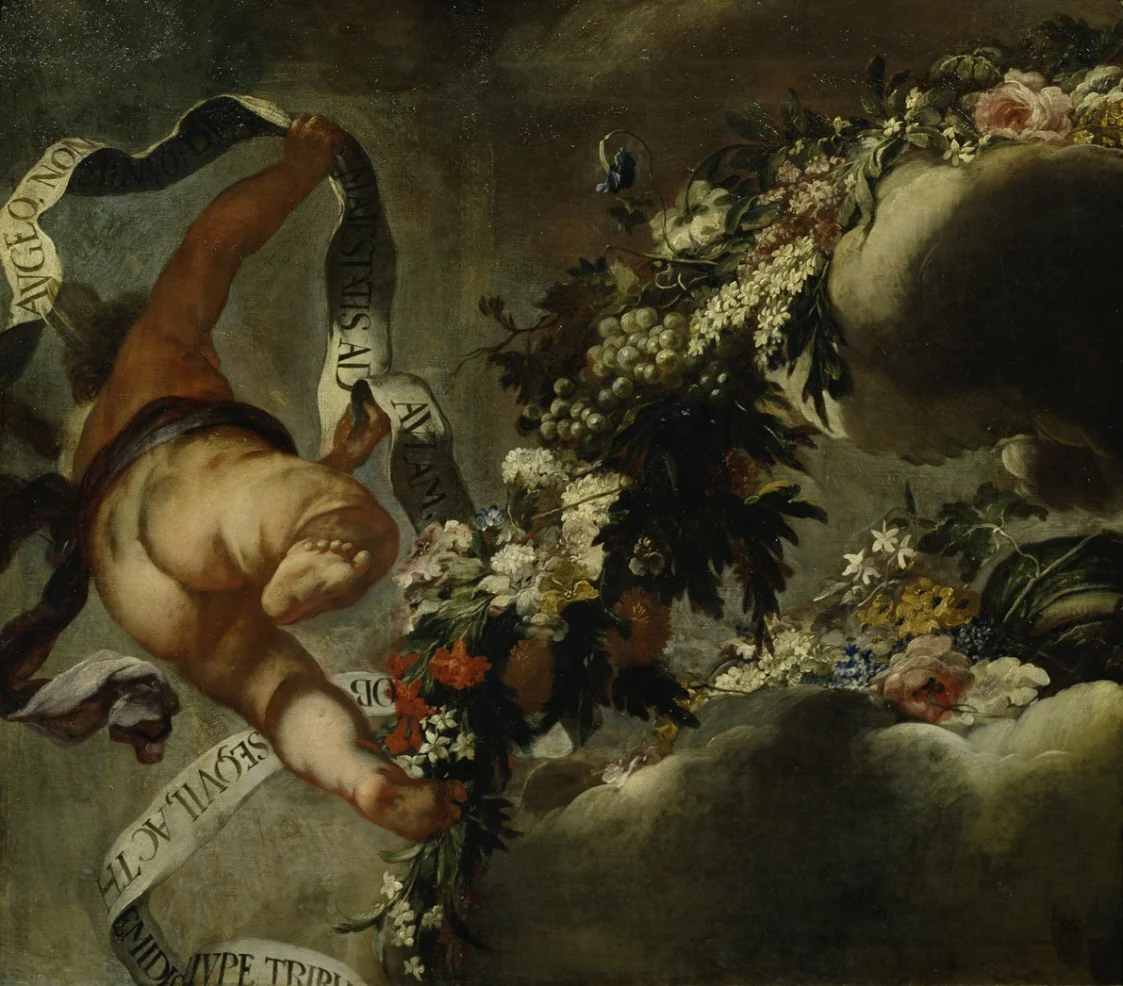 Putto mit Blumengewinde und Spruchband, detail