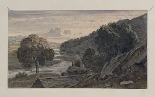 Landscape, with a wiinding river - evening, by George the younger Barret, watercolor, 1767