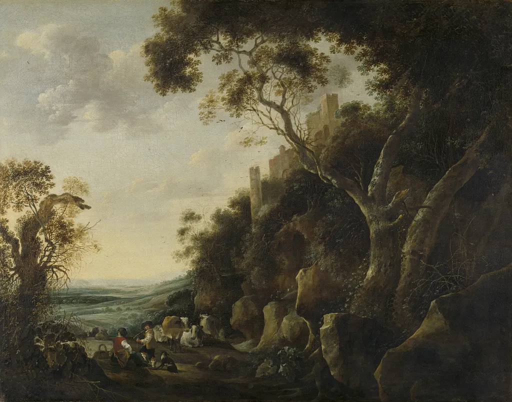 Landscape with herdsmen, by Gijsbert d'Hondecoeter, oil, 1652
