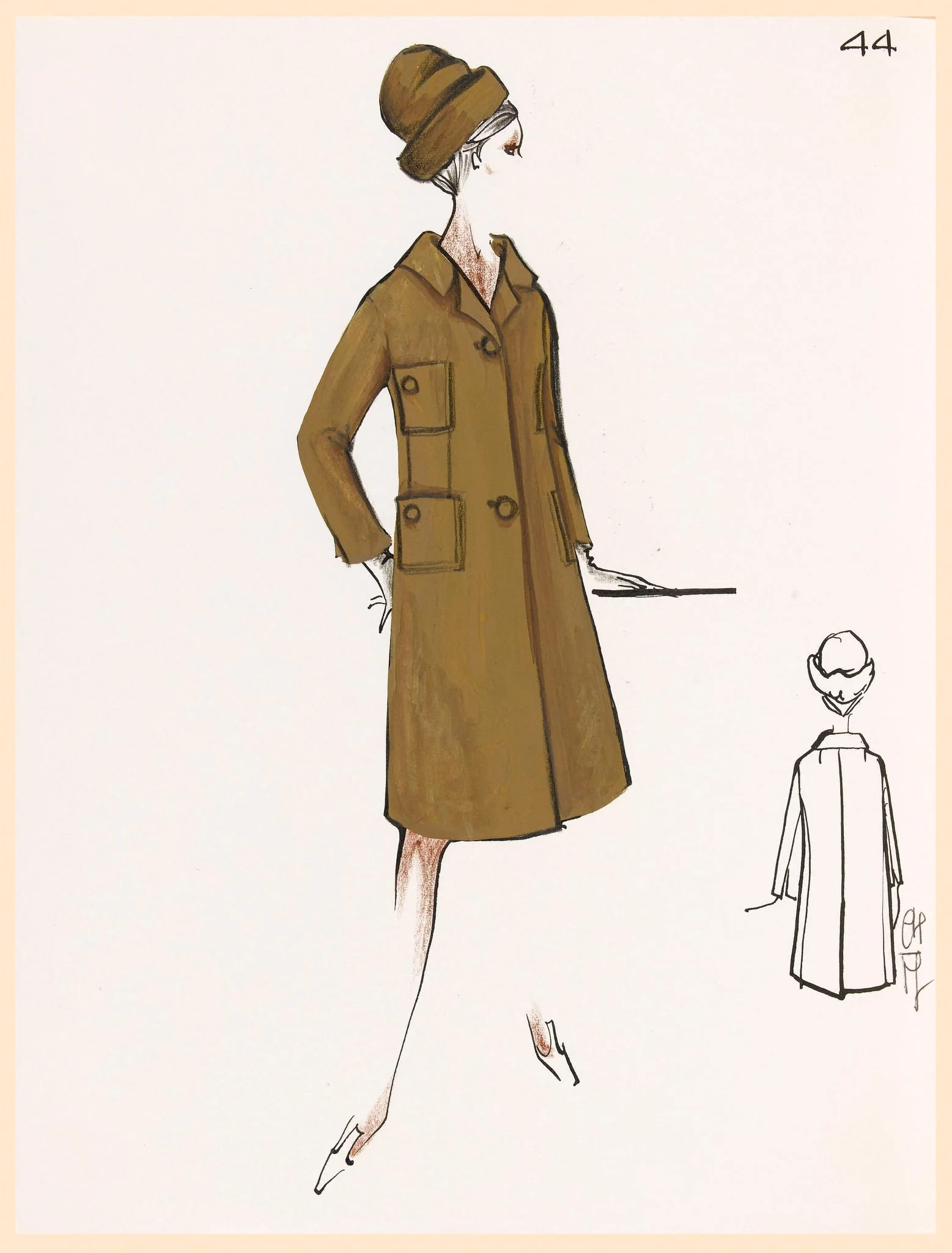 Manteau marron à quatre poches et chapeau assorti, detail