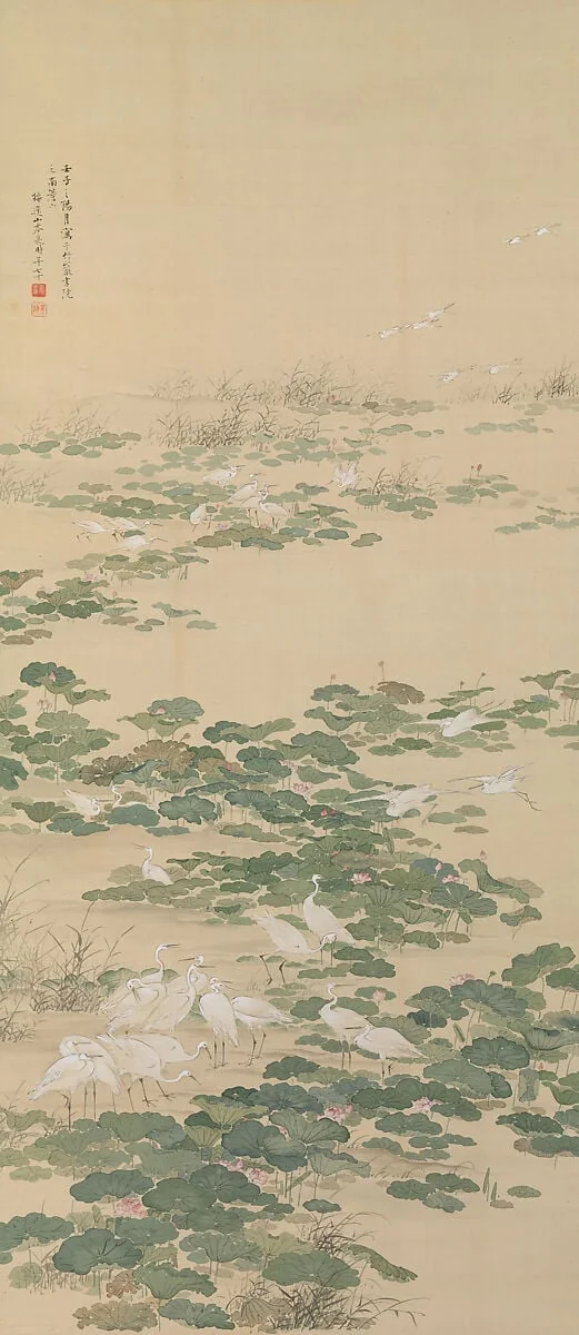 山本梅逸筆 蓮池白鷺図|Egrets in a Lotus Pond, detail
