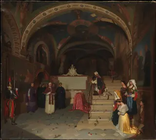 Pope Gregory XVI Visiting the Church of San Benedetto at Subiaco, by Jean François Montessuy, oil, 1843