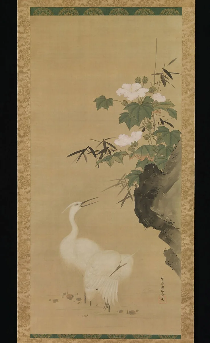 土佐光起筆 芙蓉白鷺図|Egrets and Cotton Roses, detail