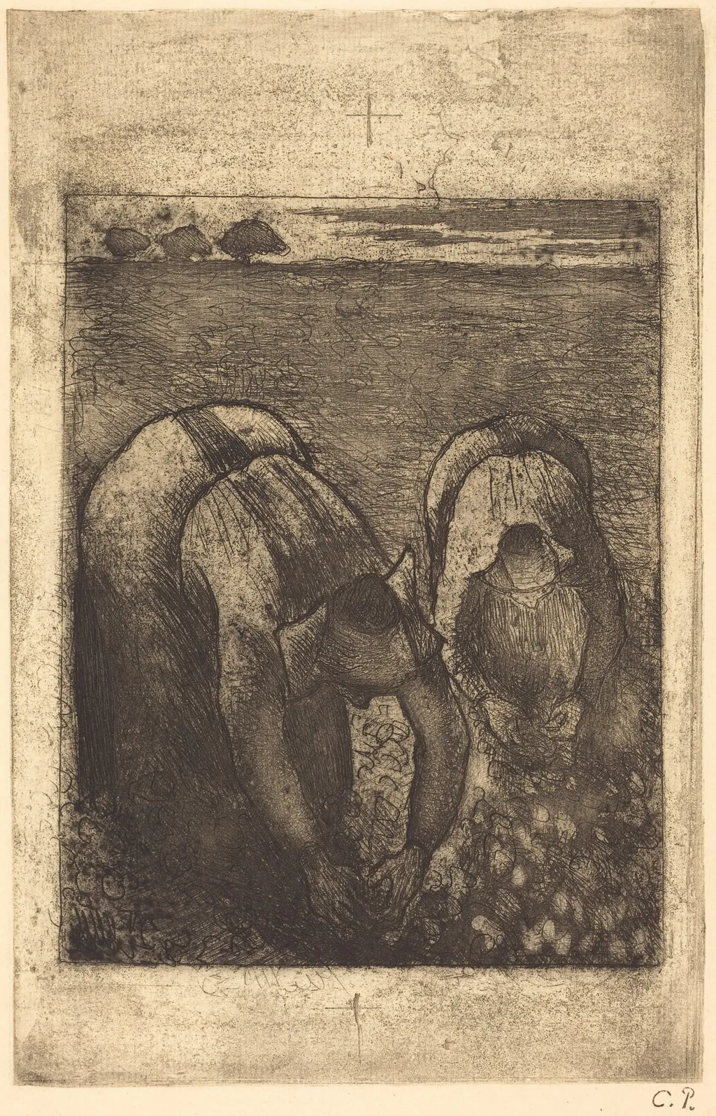 Peasants in a Field of Beans (Paysannes dans un champ de haricots), by Camille Pissarro, ink, 1891