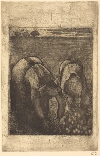 Peasants in a Field of Beans (Paysannes dans un champ de haricots), by Camille Pissarro, ink, 1891