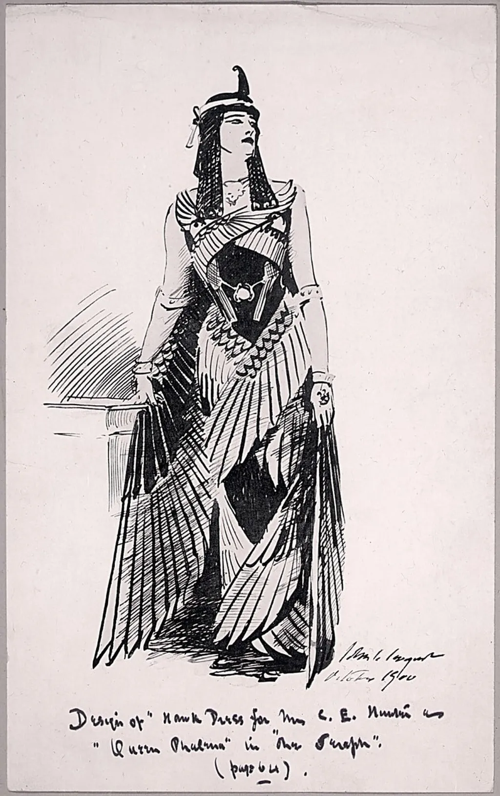 Design for Hawk Dress for Mrs. C.E. Hunter as Queen Phalema in "The Seraph", by John Singer Sargent, 1900
