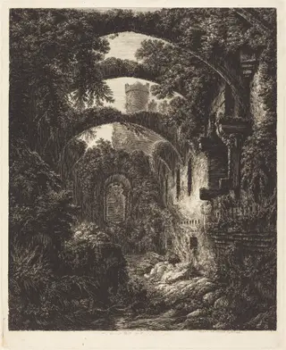The Great Hall at Conway Castle, by George Cuitt the Younger, ink, 1816