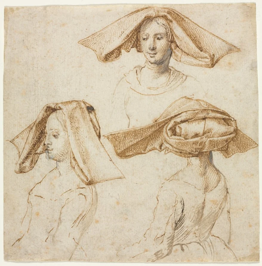 Three Studies of a Woman Wearing an Elaborate Headdress, detail