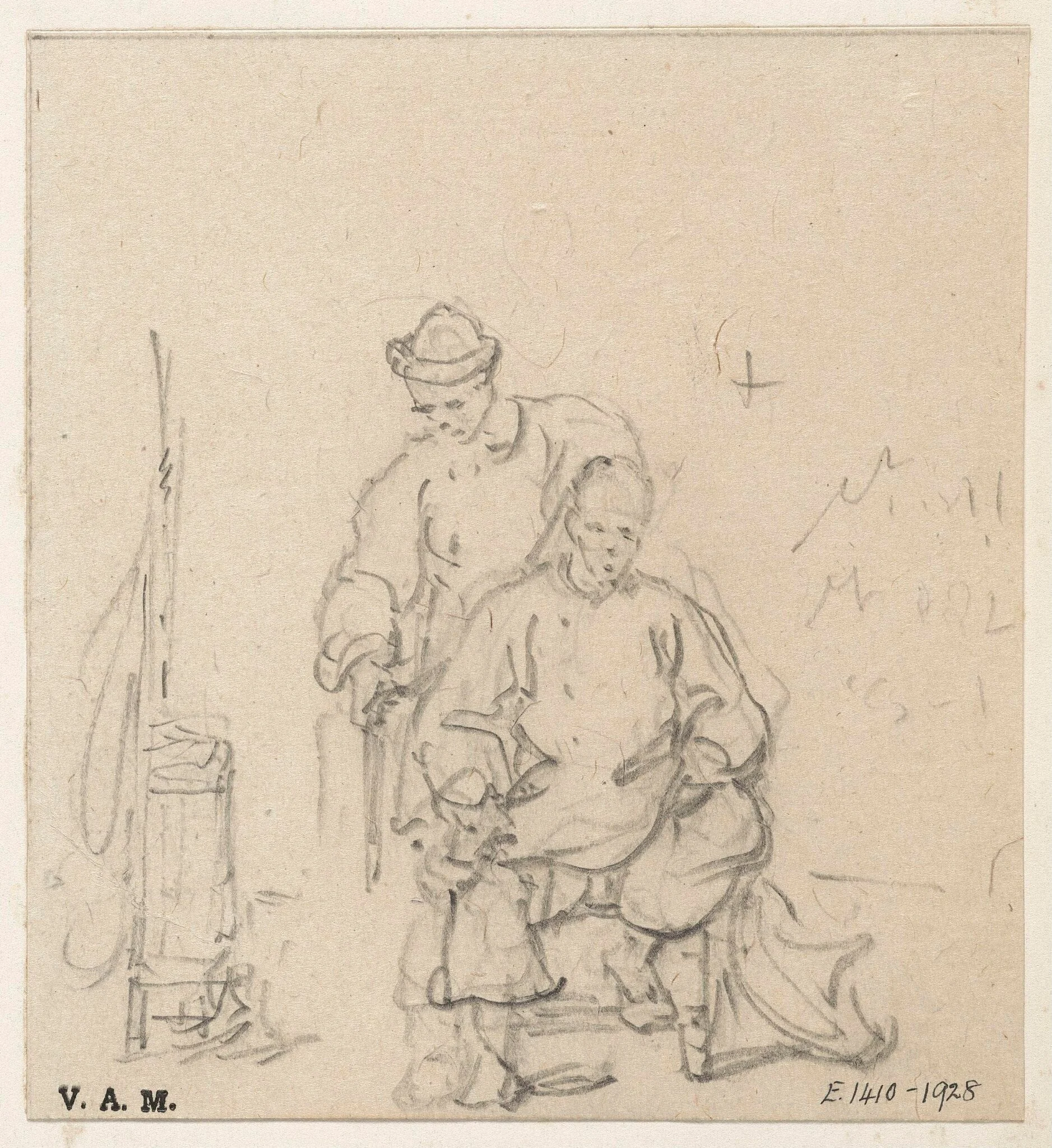 A barber standing behind his customer, detail