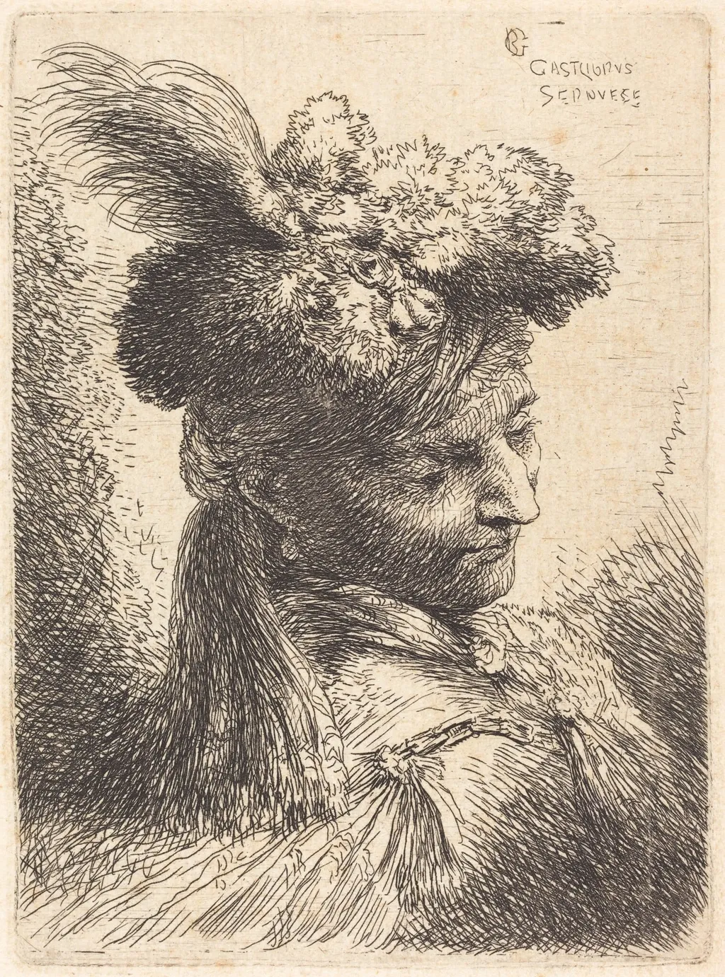 Young Man Wearing a Fur Headdress with a Headband, Facing Right, by Giovanni Benedetto Castiglione, ink, 1646