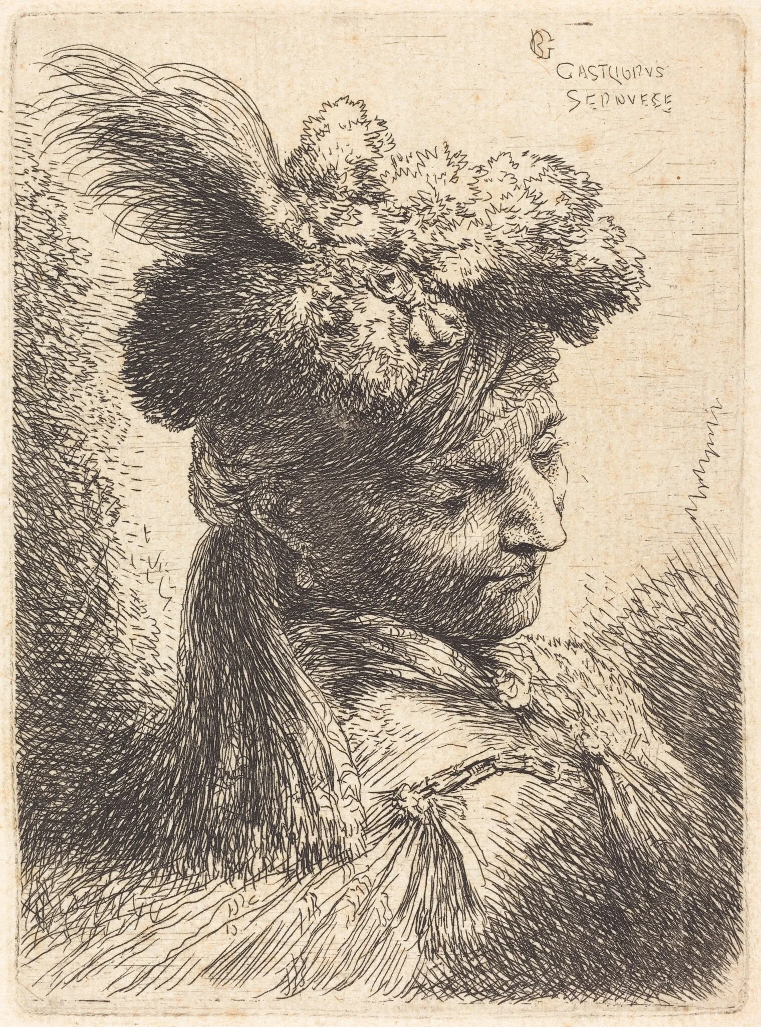 Young Man Wearing a Fur Headdress with a Headband, Facing Right, detail