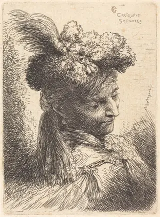 Young Man Wearing a Fur Headdress with a Headband, Facing Right, by Giovanni Benedetto Castiglione, ink, 1646