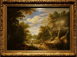 Forest landscape with figures, by Cornelius van Poelenburgh, oil, 1629