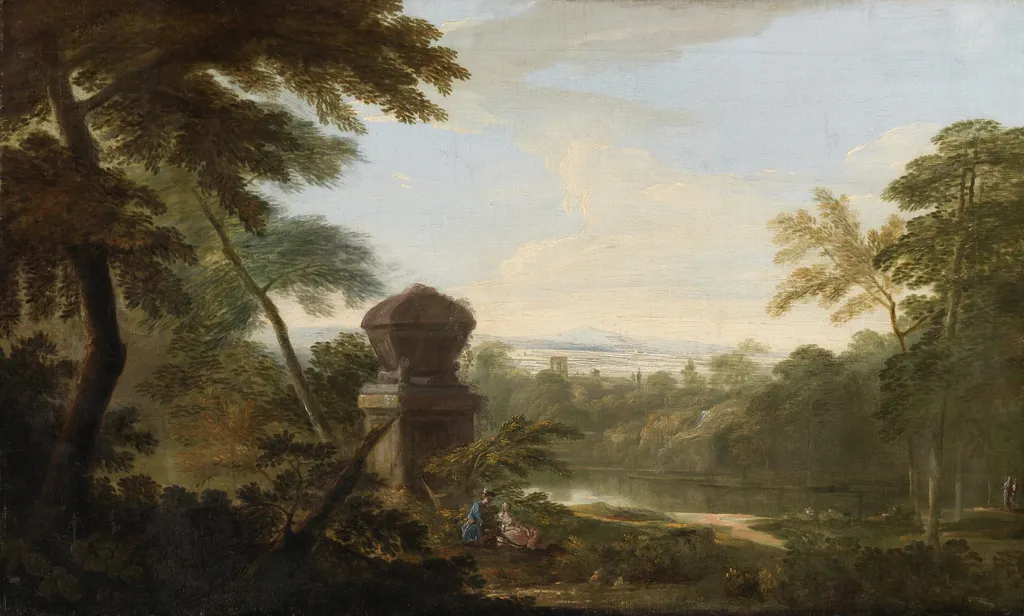 An Italianate Landscape with Figures by a Tomb, by James Forrester, oil, 1762