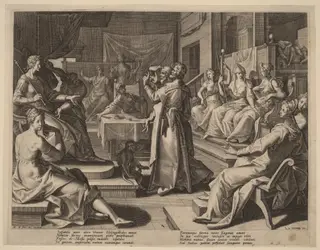 Heliogabalus and the Wise Women, by Raphael Sadeler I, ink, 1589