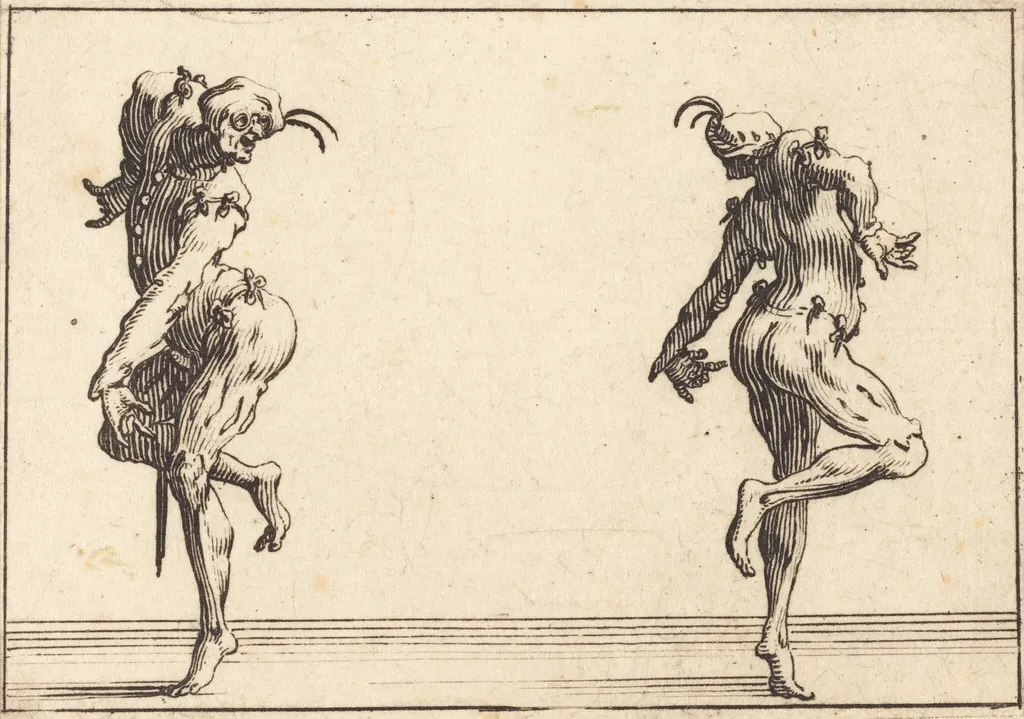 Two Pantaloons Dancing, by Jacques Callot, ink, 1617